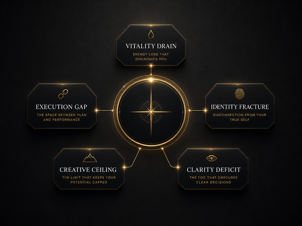 A dark promotional graphic with a central compass-like emblem surrounded by five labeled panels reading Vitality Drain, Execution Gap, Identity Fracture, Creative Ceiling, and Clarity Deficit on a black background.