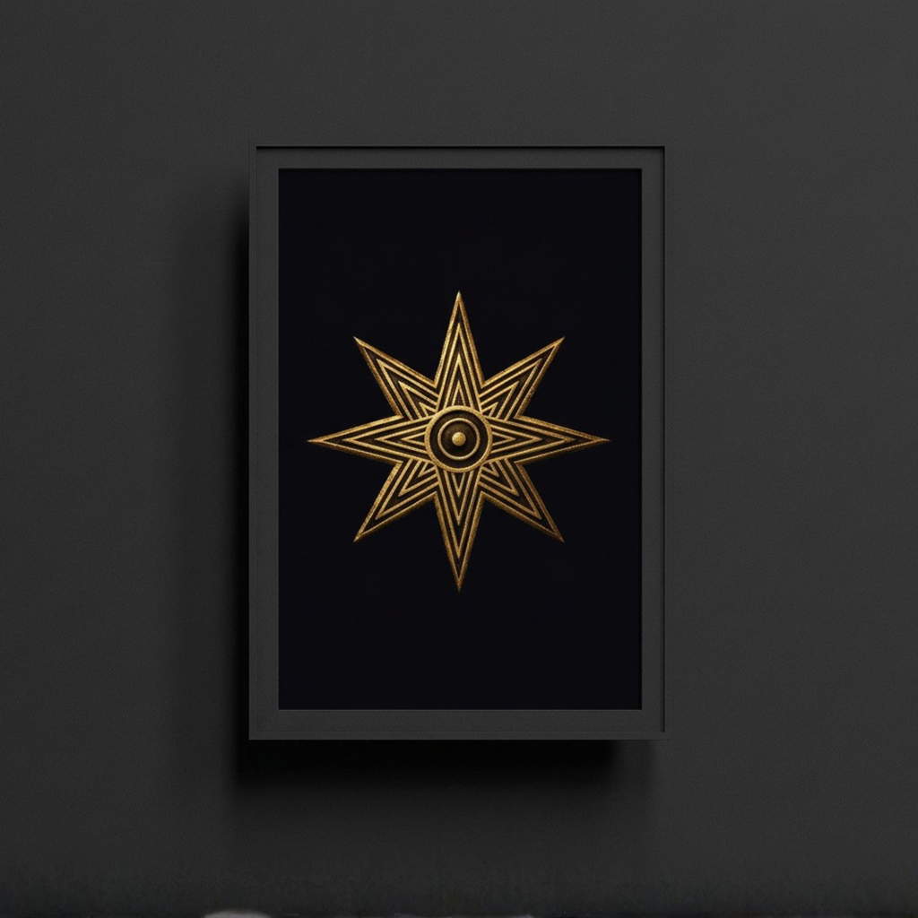 Framed artwork of a gold star on a black background