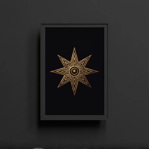 Framed artwork of a gold star on a black background