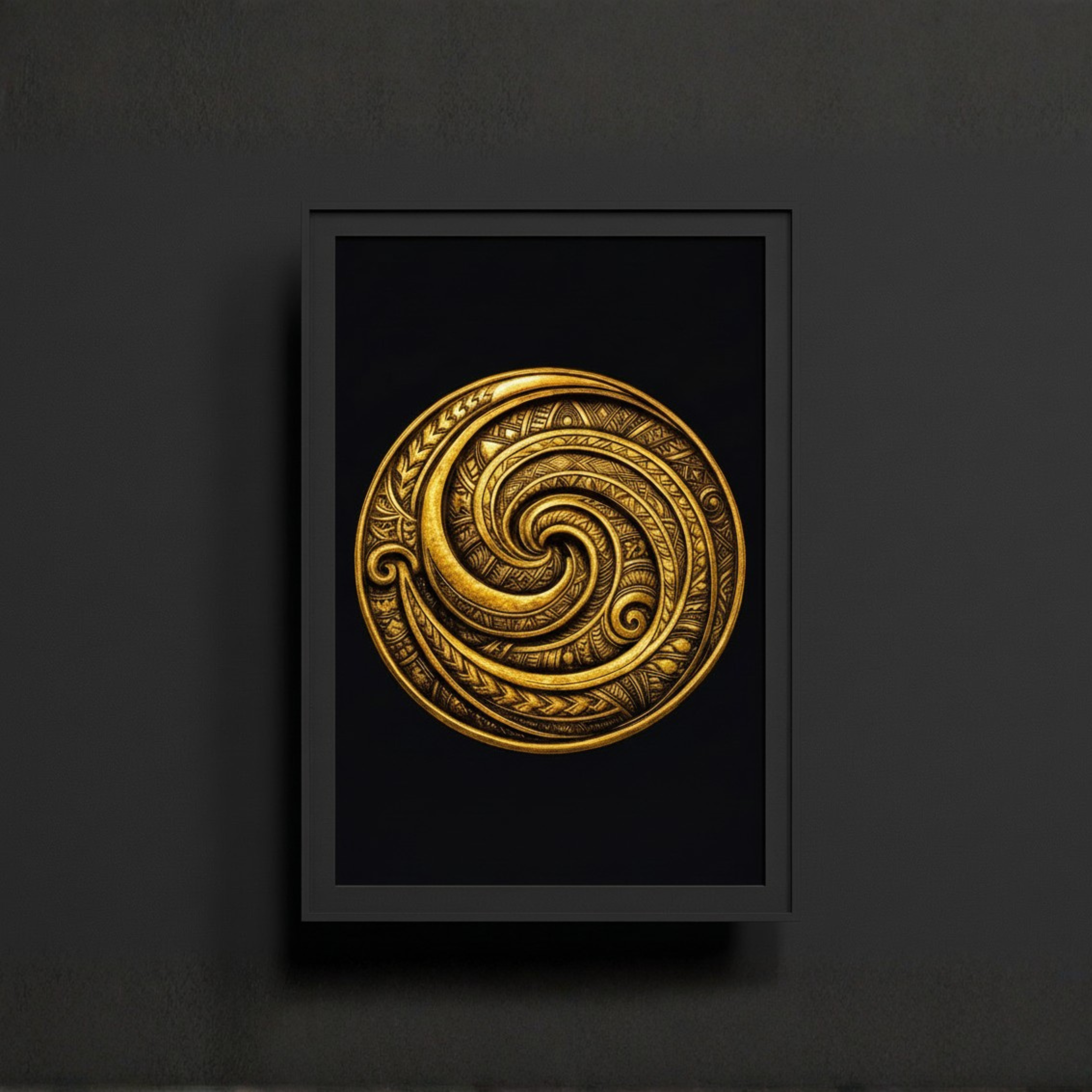 Framed artwork with a gold spiral design on a black background