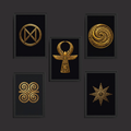 Set of five framed gold symbols on a black background
