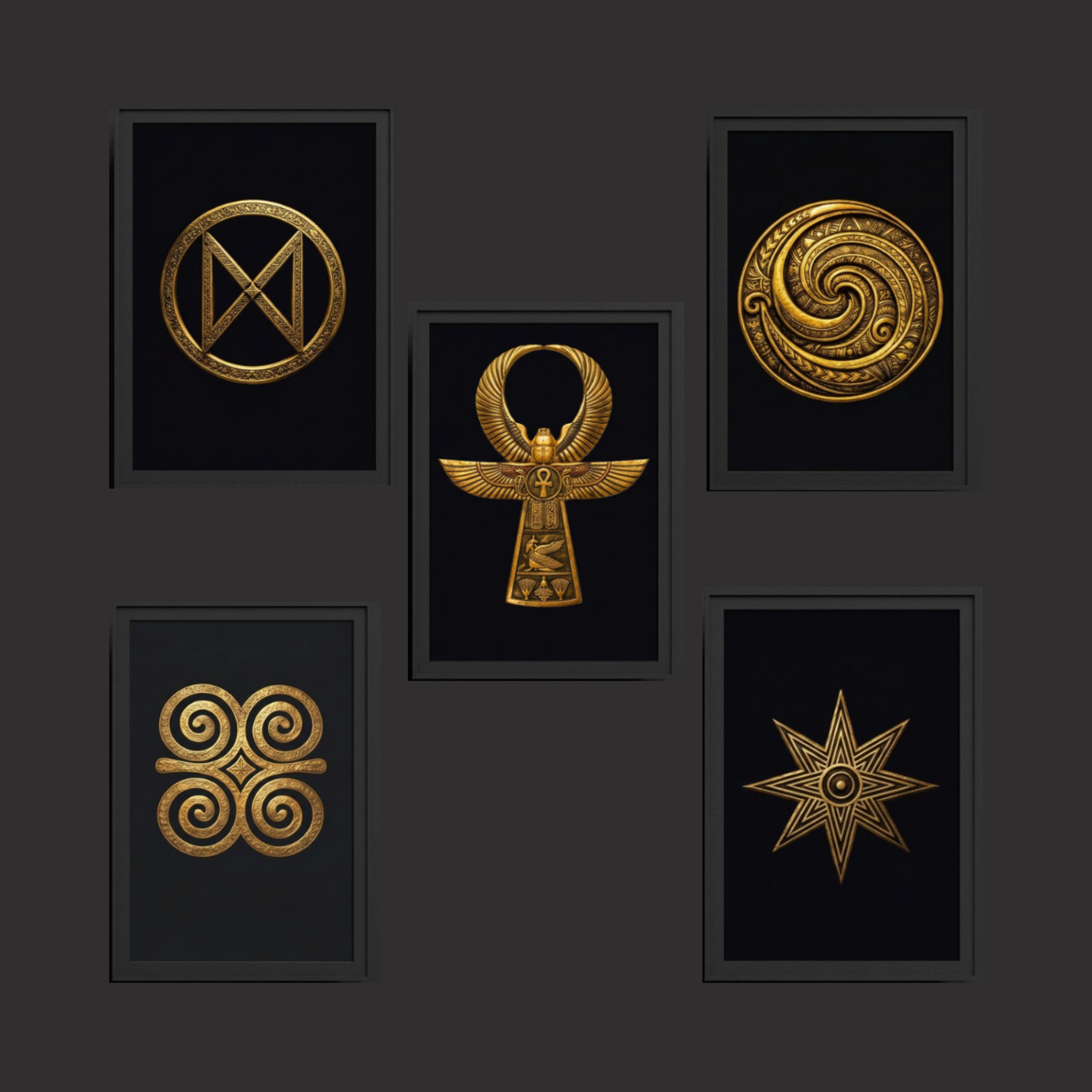 Set of five framed gold symbols on a black background