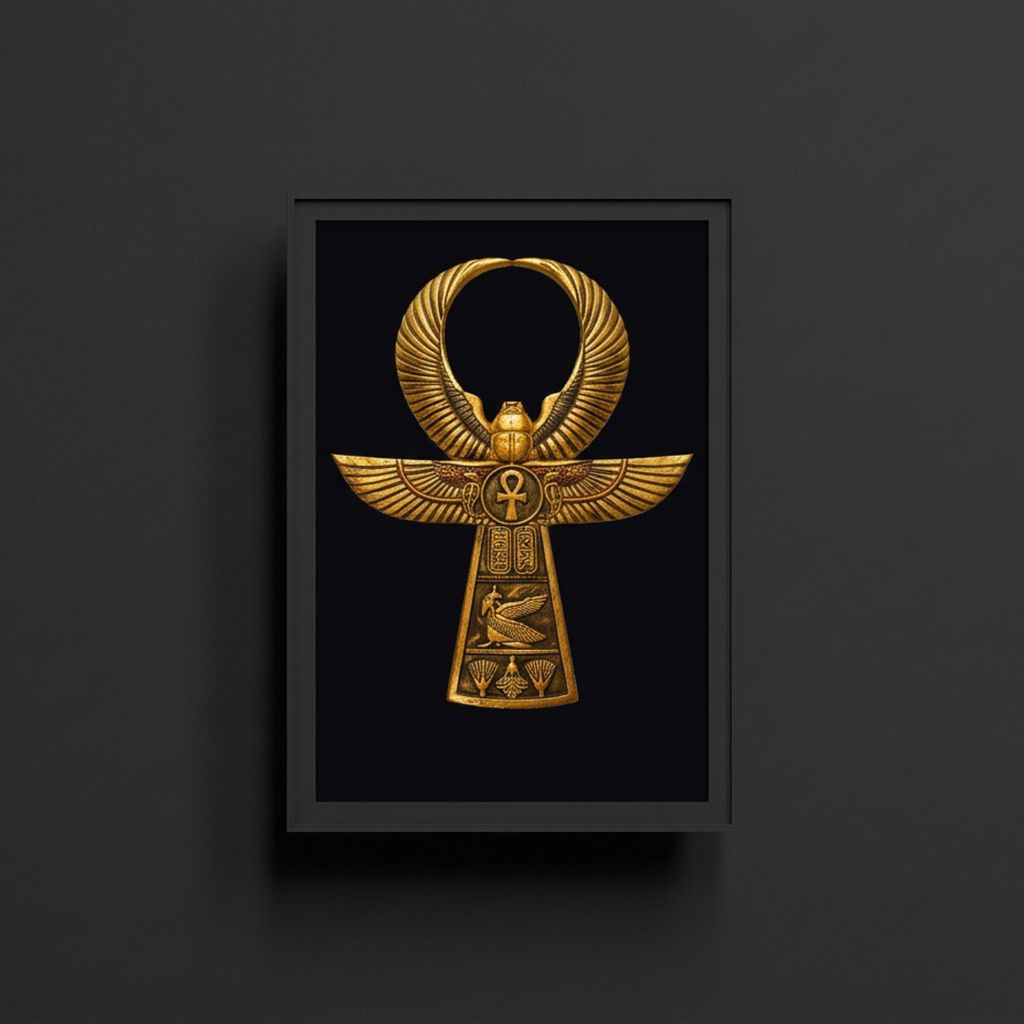 Framed artwork of a gold ankh Egyptian symbol on a black background