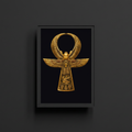 Framed artwork of a gold ankh Egyptian symbol on a black background