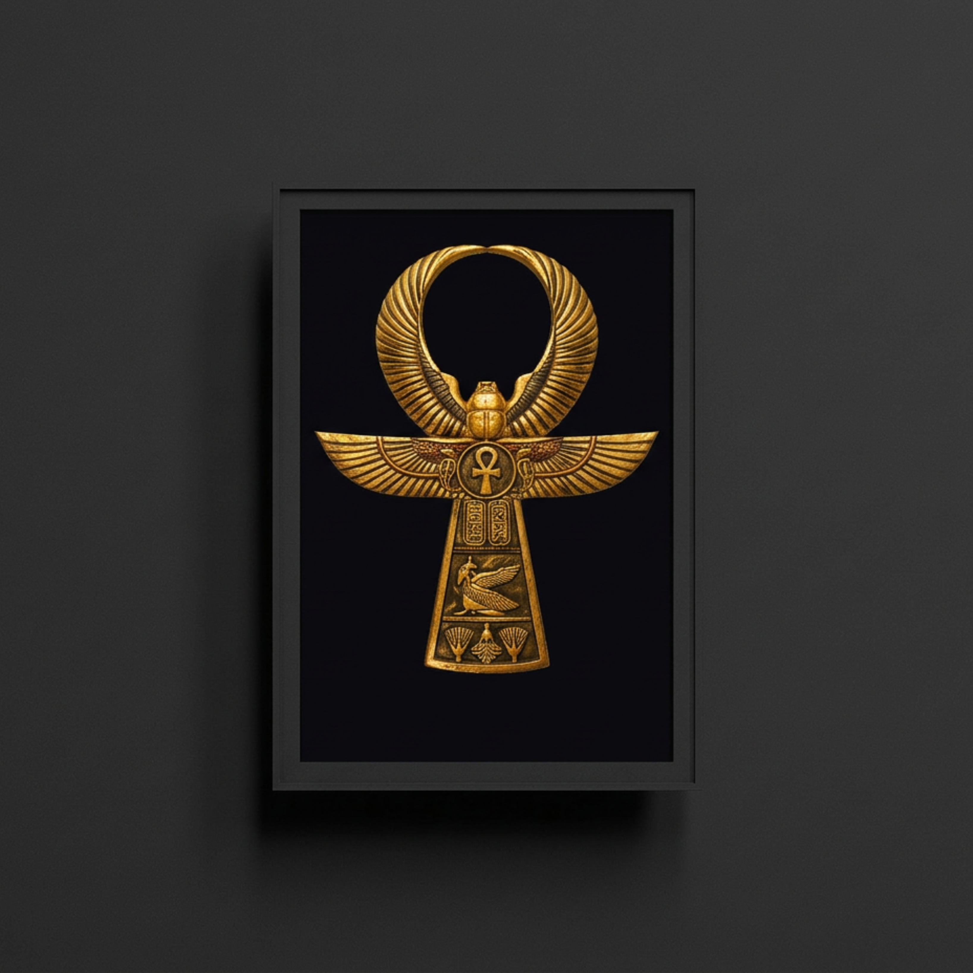 Framed artwork of a gold ankh Egyptian symbol on a black background