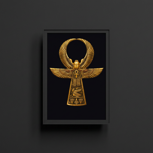 Framed artwork of a gold ankh Egyptian symbol on a black background