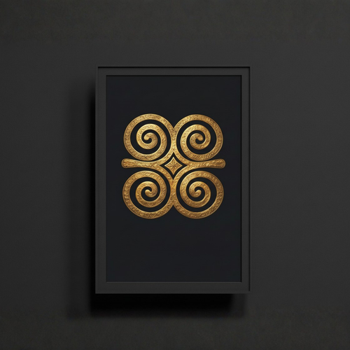 Framed artwork with a gold spiral design on a black background