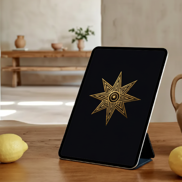 Black tablet stand with a gold star design on a wooden surface