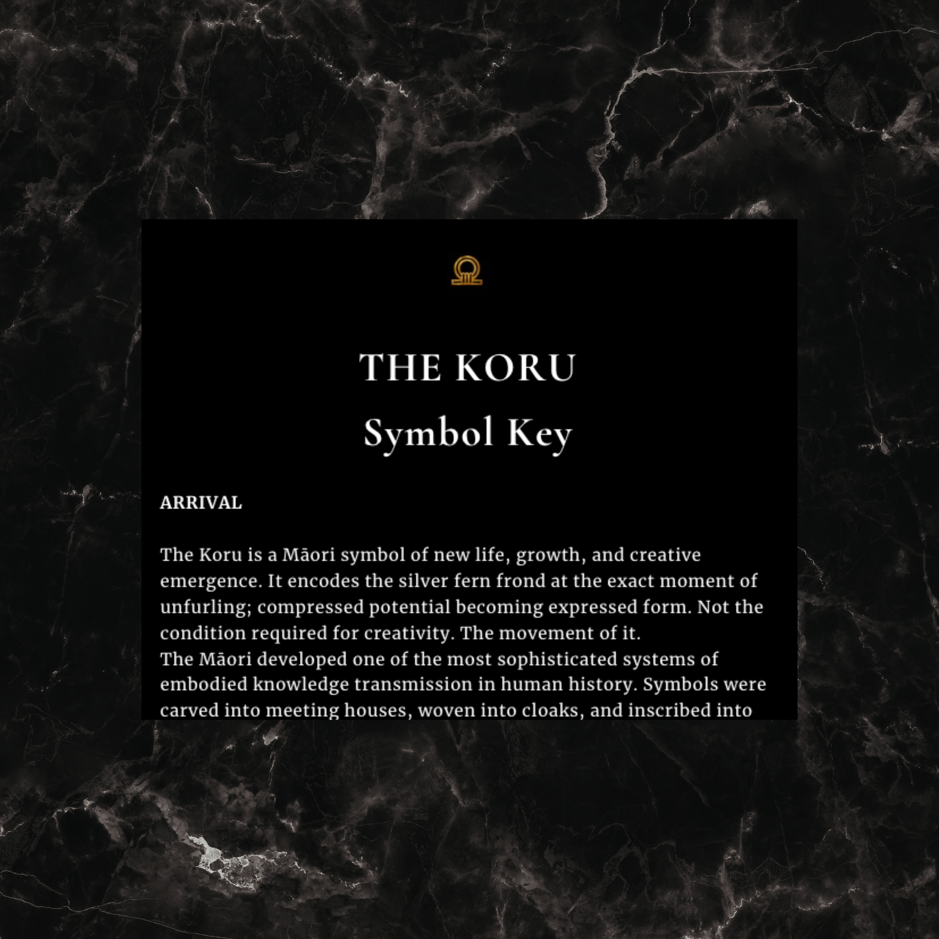 Text explaining the Koru symbol on a black background